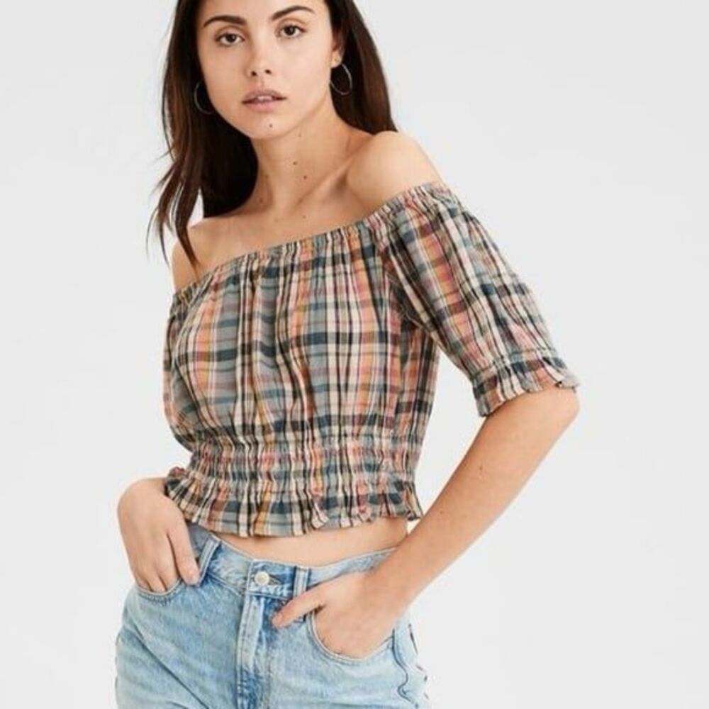 American Eagle Plaid Semi Sheer Off Shoulder Ruffle Elastic Trim Crop Top M